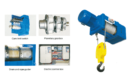 Foot-mounted wire rope hoist (1/2 rope reeving)